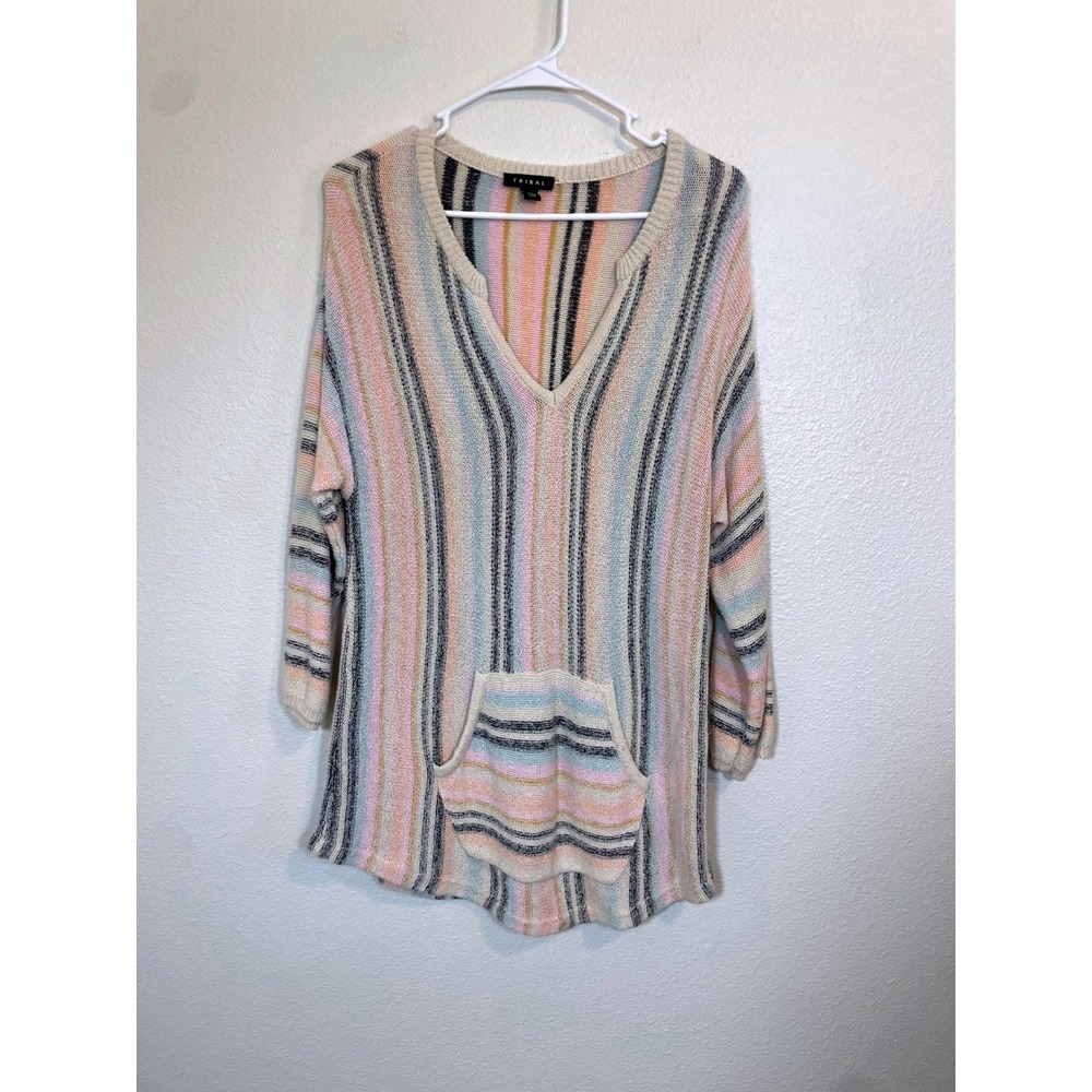 Tribal Women's Medium Striped V Neck Pullover Sweater Tunic Pockets‎ Colorful